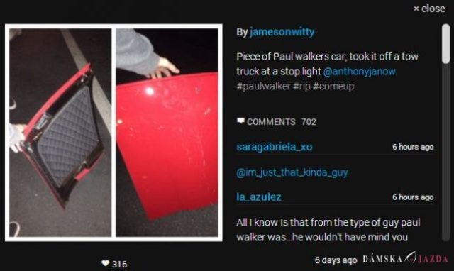 Fotografia ukradnutého dielu z vraku auta Paula Walkera