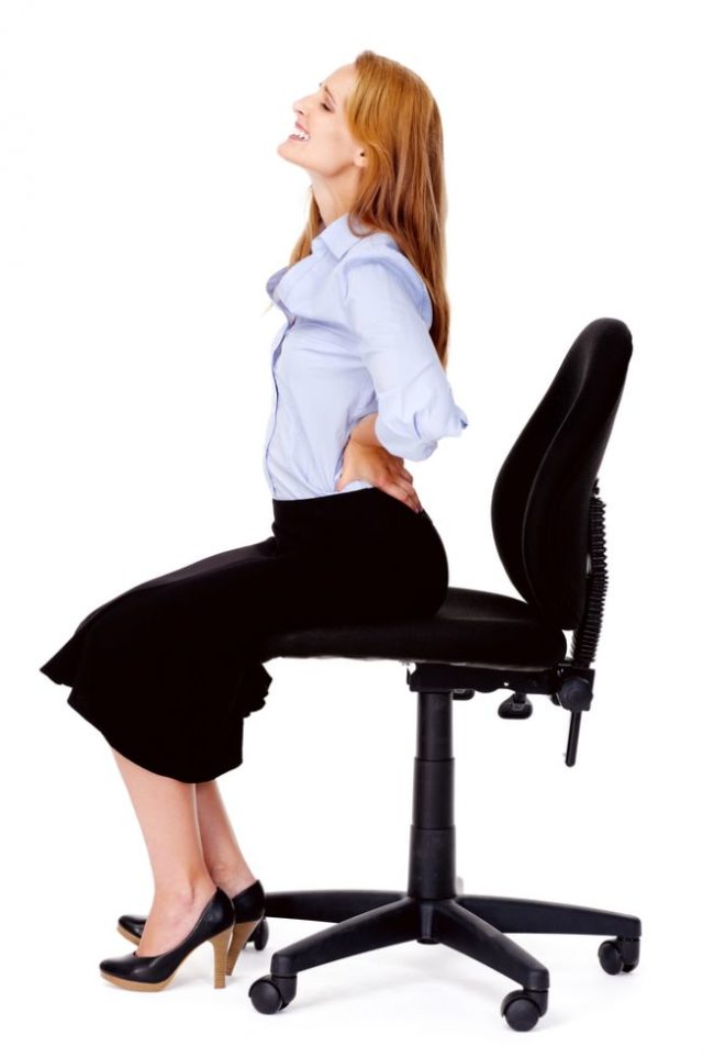 Kancelária, žena, sedieť, stolička, cvičenie, práca, jóga